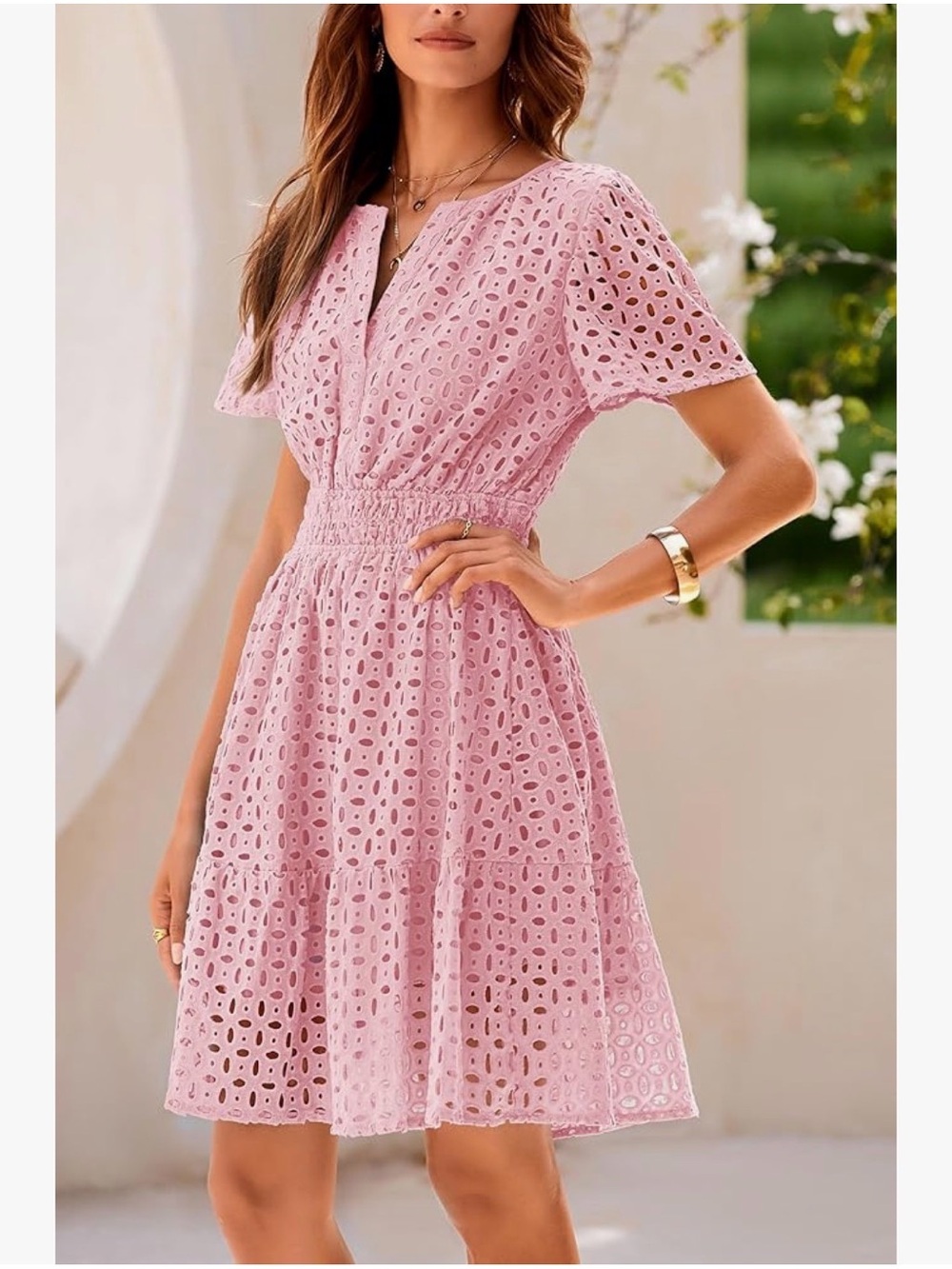 PRETTYGARDEN V Neck Short Sleeve A Line Hollow Out Lace Dress - Picture 6 of 13